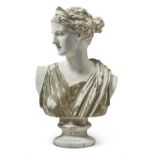 A PARCEL PAINTED PLASTER BUST OF DIANA CHASSERESSE, 20TH CENTURY