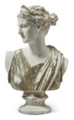 A PARCEL PAINTED PLASTER BUST OF DIANA CHASSERESSE, 20TH CENTURY