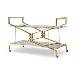 A GILT BRONZE AND SMOKED GLASS DRINKS TROLLEY, 1950S