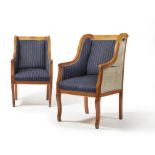 A PAIR OF BIRCH INLAID AND UPHOLSTERED ARMCHAIRS