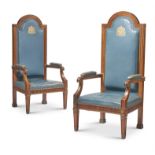 A PAIR OF WALNUT AND BLUE LEATHER UPHOLSTERED CIVIC ARMCHAIRS