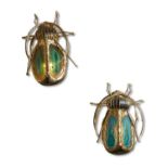 A PAIR OF GILT METAL AND COLOURED INSECT WALL LIGHTS