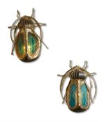 A PAIR OF GILT METAL AND COLOURED INSECT WALL LIGHTS