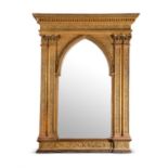 A SUBSTANTIAL GILTWOOD AND COMPOSITION OVERMANTEL WALL MIRROR