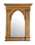 A SUBSTANTIAL GILTWOOD AND COMPOSITION OVERMANTEL WALL MIRROR