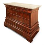 A LOUIS PHILLIPE FLAME MAHOGANY AND MARBLE TOPPED COMMODE, CIRCA 1840
