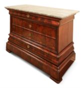 A LOUIS PHILLIPE FLAME MAHOGANY AND MARBLE TOPPED COMMODE, CIRCA 1840