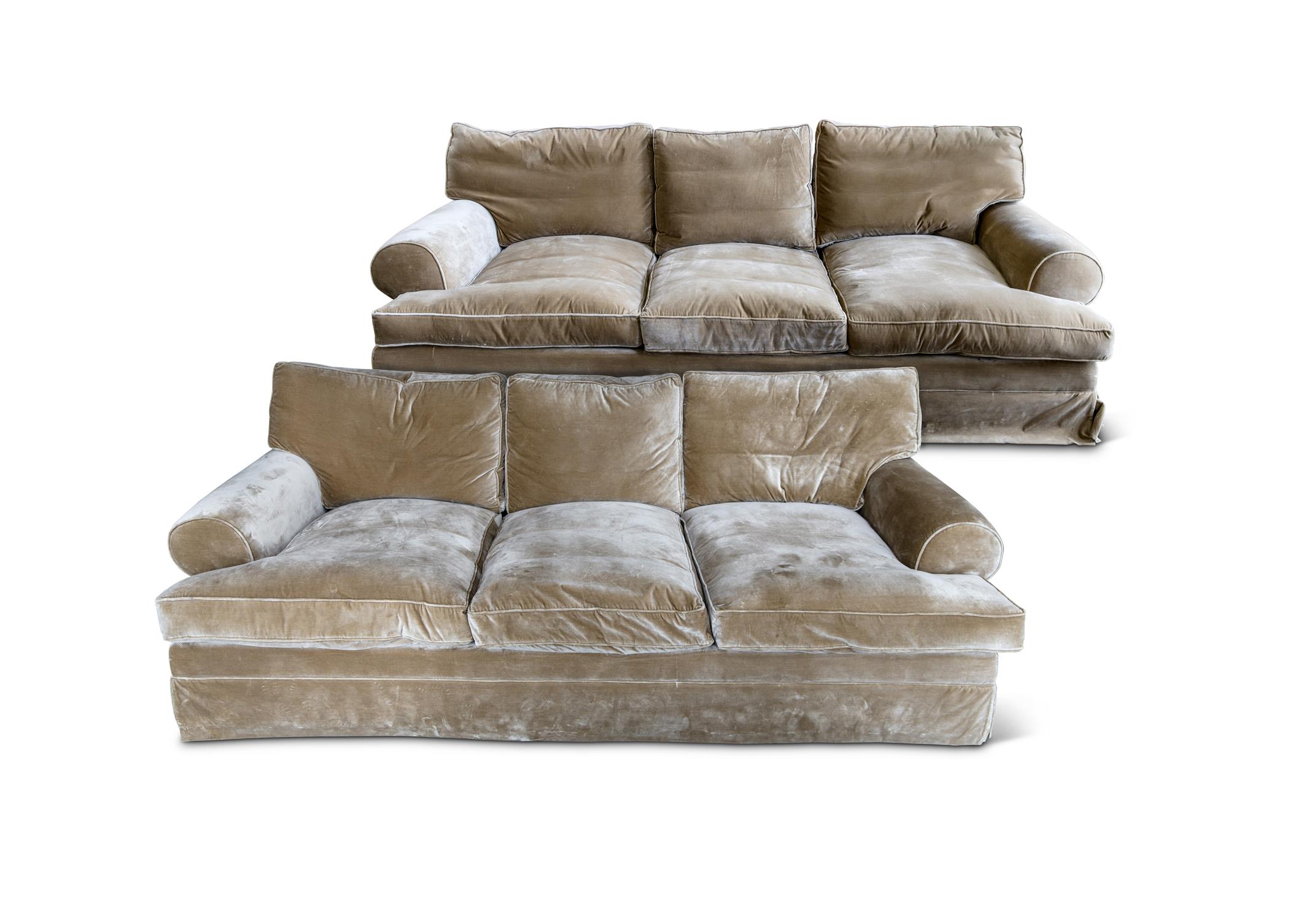 A PAIR OF LARGE THREE-SEATER SOFAS