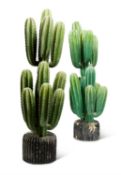 A PAIR OF CARVED WOODEN MODELS OF CACTUS PLANTS