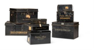 A COLLECTION OF EIGHT PAINTED TIN METAL TRUNKS AND DOCUMENT HOLDERS