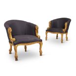 A PAIR OF GILTWOOD AND UPHOLSTERED ARMCHAIRS