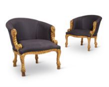 A PAIR OF GILTWOOD AND UPHOLSTERED ARMCHAIRS