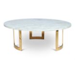 A GILT METAL AND VEINED WHITE MARBLE COFFEE TABLE