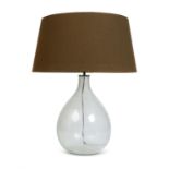 A PAIR OF 'BUBBLE GLASS' TABLE LAMPS OF PEAR SHAPED FORM WITH LIGHT BROWN FABRIC SHADES