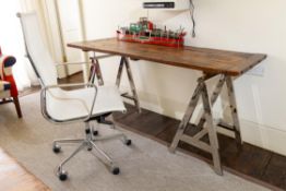 A PLANKED OAK AND CHROME TRESTLE DESK, MODERN