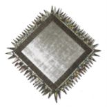 A DISTRESSED FINISH SQUARE WALL MIRROR, ATTRIBUTED TO LINE VAUTRIN