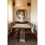 A LARGE STRIATED MARBLE TOPPED PERSPEX AND CHROMED METAL DINING TABLE, CIRCA 1970