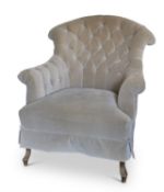 A PAIR OF VICTORIAN STYLE TUFTED UPHOLSTERED TUB-SHAPED ARMCHAIRS