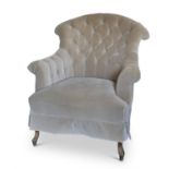 A PAIR OF VICTORIAN STYLE TUFTED UPHOLSTERED TUB-SHAPED ARMCHAIRS