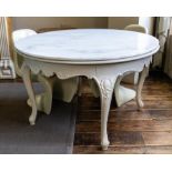 A WHITE PAINTED AND MARBLE TOPPED CENTRE TABLE, 20TH CENTURY AND LATER