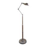 A PAIR OF PEWTER COLOURED METAL AND TURNED WOODEN FLOOR LAMPS