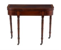 A late George III mahogany and satinwood banded card table