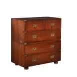 A Victorian hardwood and brass bound campaign chest of drawers