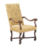 A French chestnut and damask style upholstered armchair