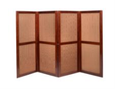 An Empire mahogany and upholstered four-fold room screen