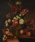 Follower of Jean-Baptiste Monnoyer, Still life of flowers in a basket with a parakeet