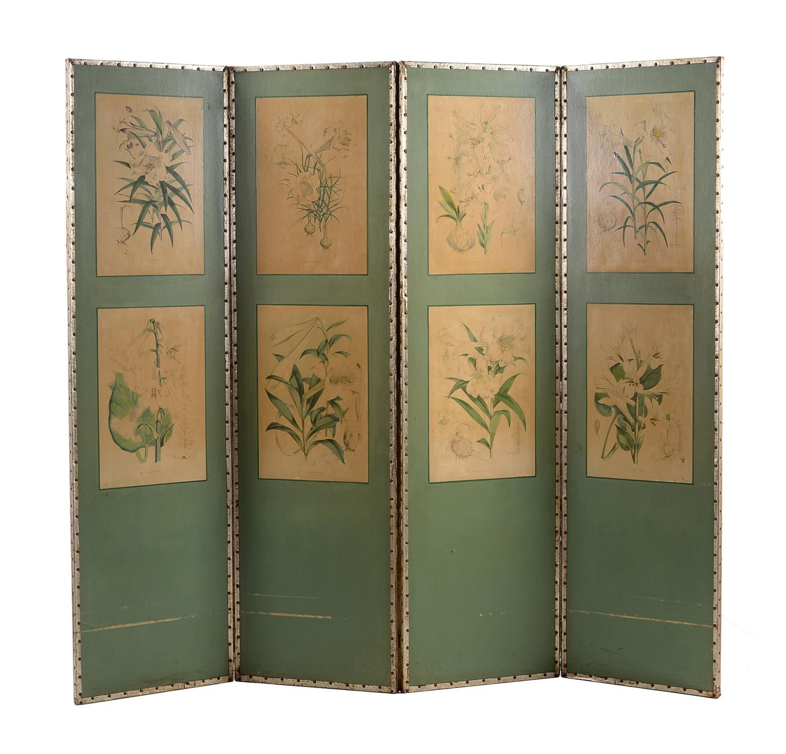 A green painted and silver leather mounted four-fold room screen