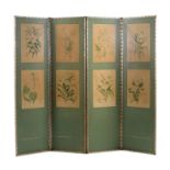 A green painted and silver leather mounted four-fold room screen