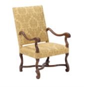 A French chestnut and damask style upholstered armchair