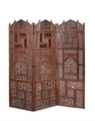 A carved pierced wood three fold screen