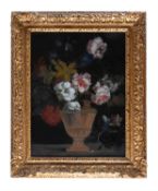 A giltwood and composition framed reverse painted glass picture of a vase of flowers