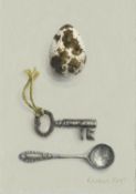 Rachel Ross, Quail's Egg with Key and Salt Spoon, 2021