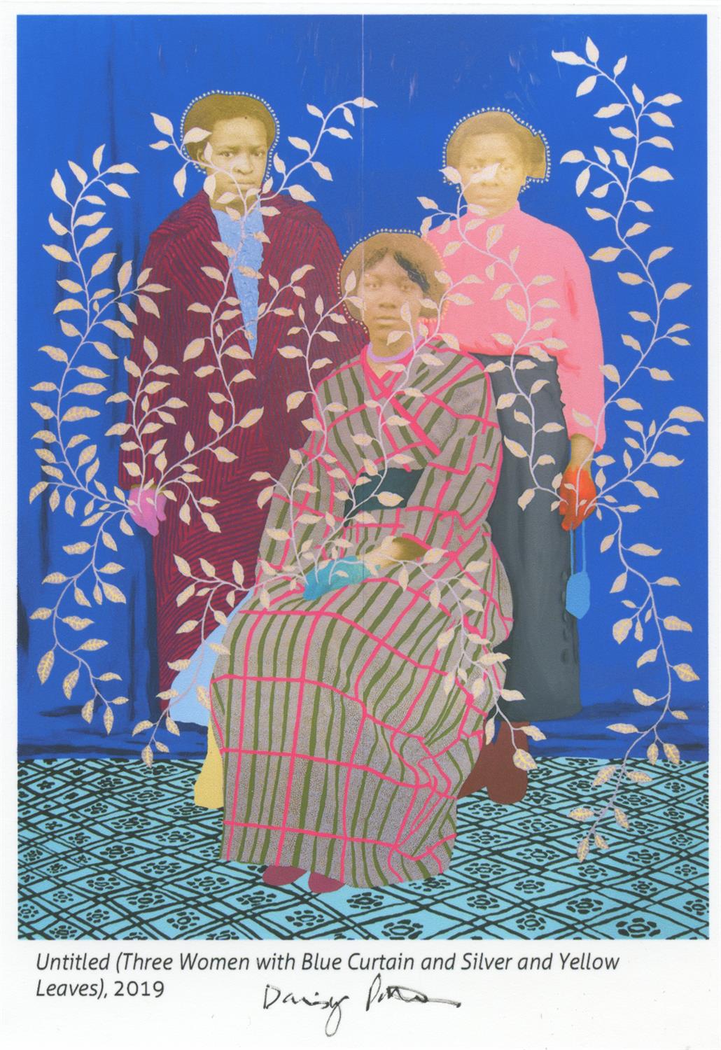 Daisy Patton, Untitled (Three Women with Blue Curtain and Silver and Yellow Leaves), 2019, 2020