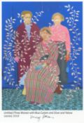 Daisy Patton, Untitled (Three Women with Blue Curtain and Silver and Yellow Leaves), 2019, 2020