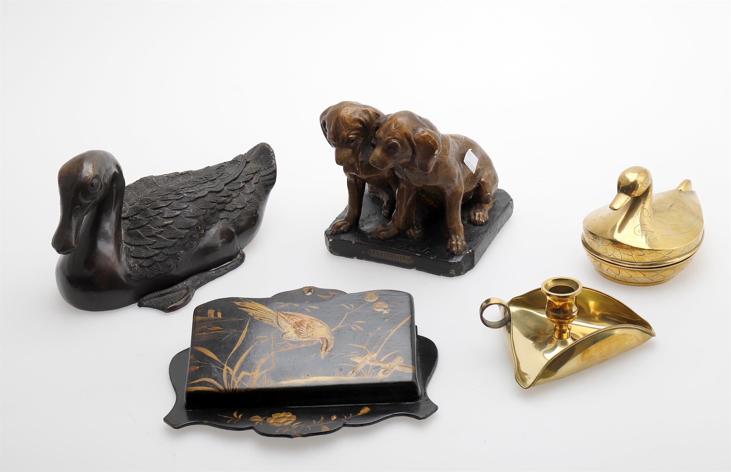 Assorted decorative items including a modern Chinese bronze duck