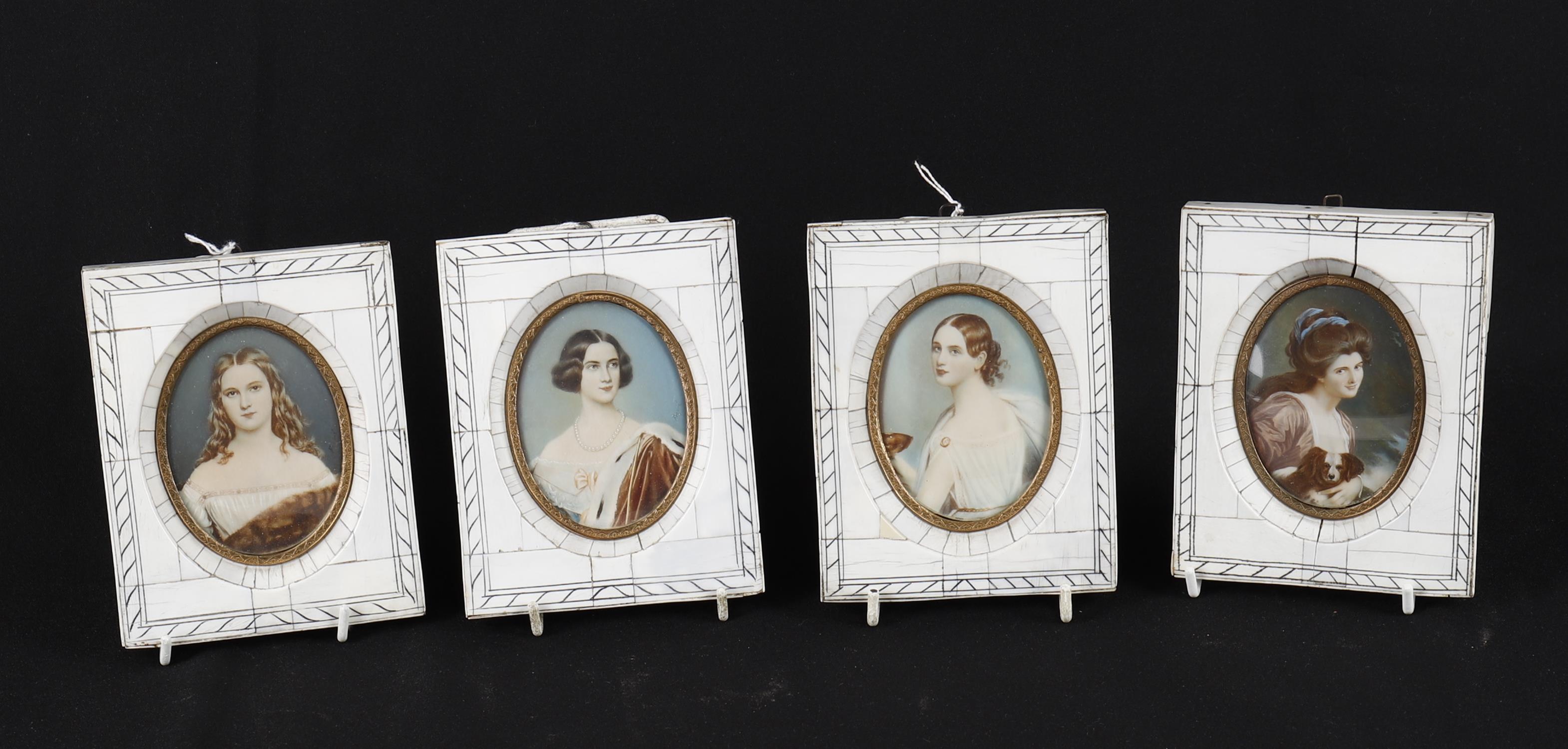 Y A set of four ivory framed portrait miniatures- & 3 prints