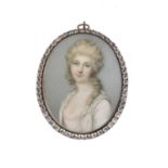 Y 19th century English school, portrait miniature on ivory of a young woman in a white dress