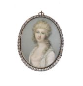 Y 19th century English school, portrait miniature on ivory of a young woman in a white dress