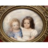 Y Early 19th century French school- portrait miniature on ivory of two children with lamb