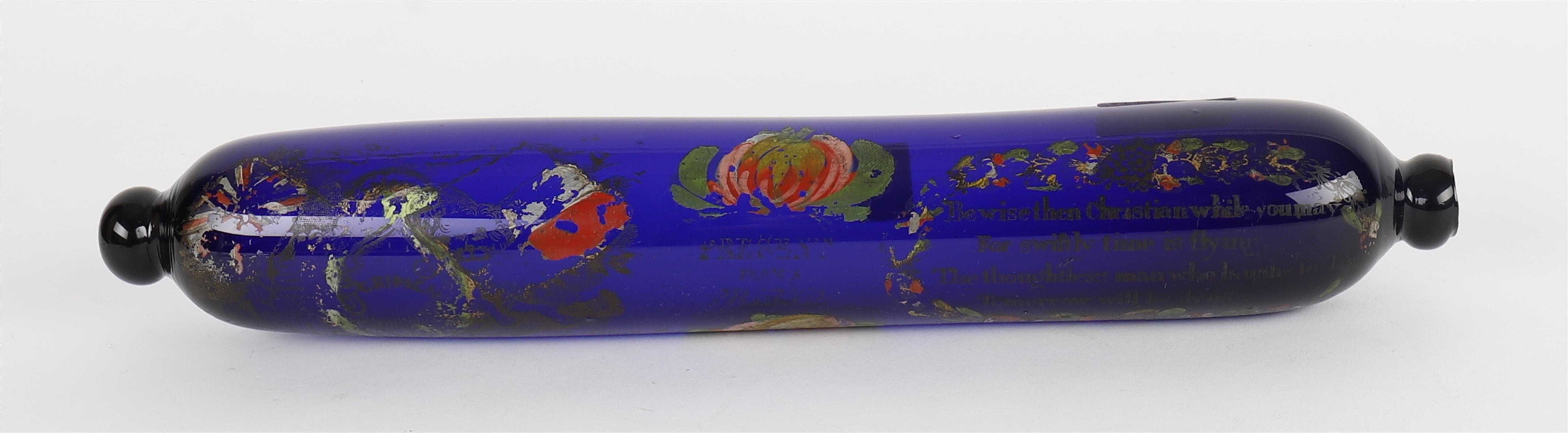 A Victorian Crimean War commemorative blue glass and enamelled rolling pin