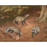 λ Madeline Selfe (British 1905-2005), Three badgers in a wood clearing