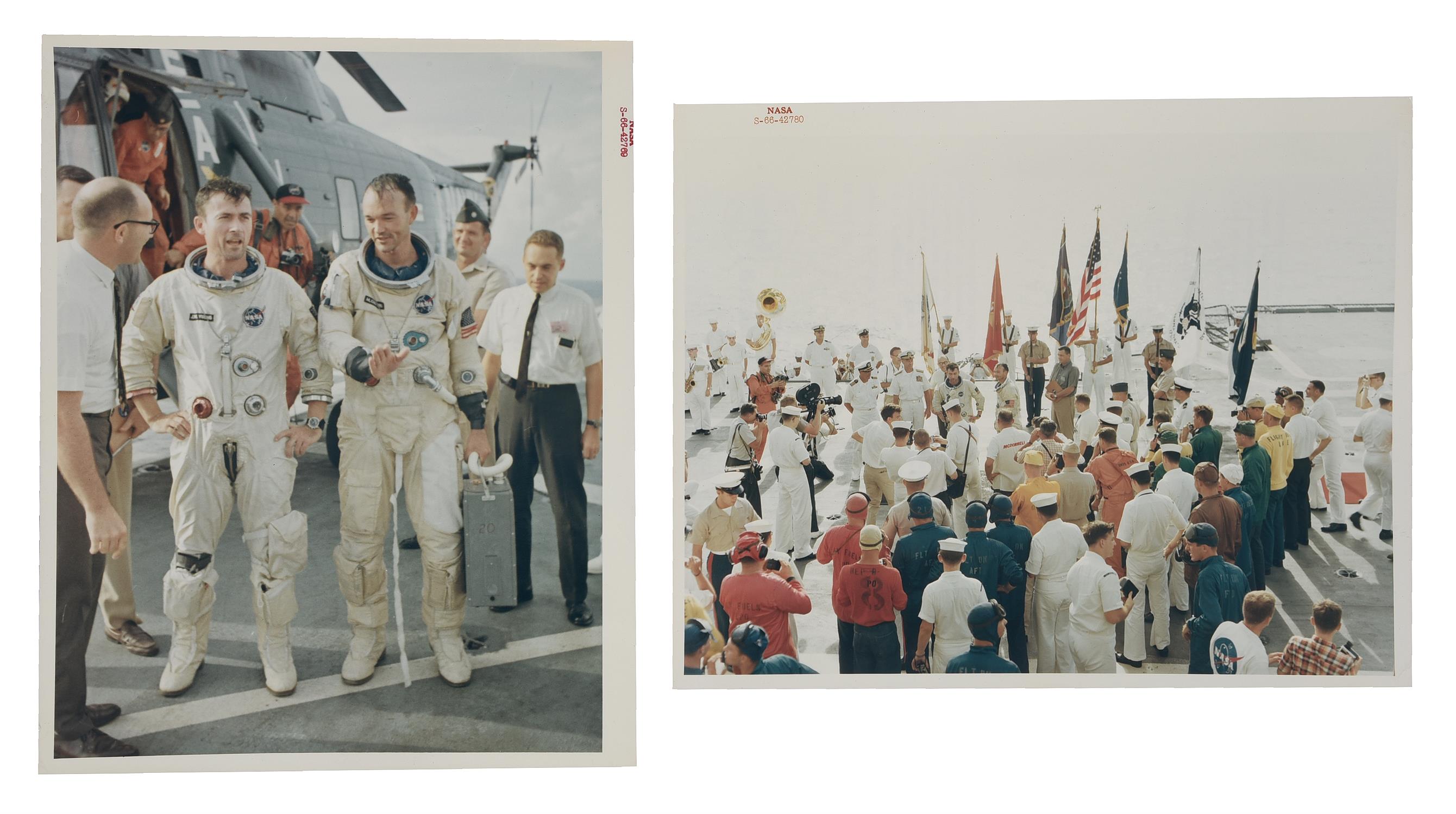 Two views of the crew onboard the recovery ship, USS Guadalcanal, Gemini 10, July 1966