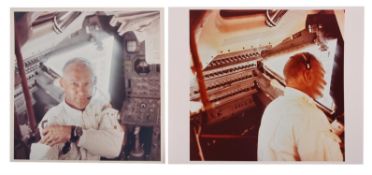 Diptych: Buzz Aldrin weightless inside 'Eagle' during the outbound journey, Apollo 11, July 1969