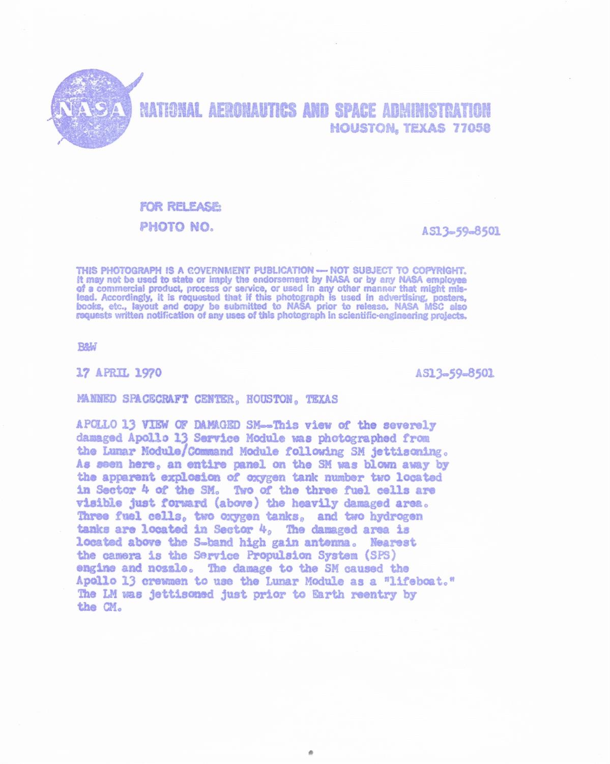 Views of the damaged spacecraft after the oxygen tank explosion [four views], Apollo 13, April 1970 - Image 3 of 9