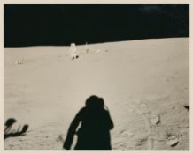 Edgar Mitchell walking back to the LM from the ALSEP site, Apollo 14, January-February 1971, EVA 1