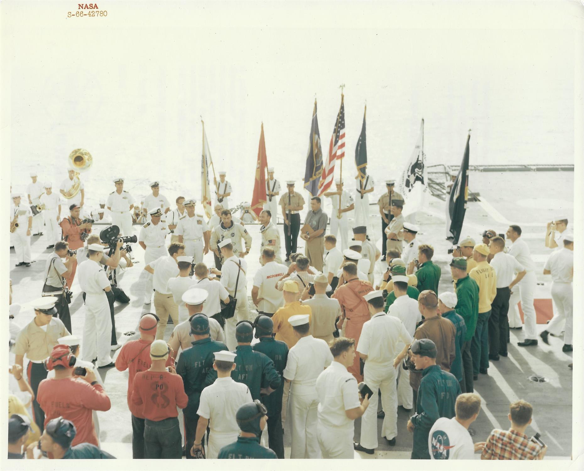 Two views of the crew onboard the recovery ship, USS Guadalcanal, Gemini 10, July 1966 - Image 4 of 5